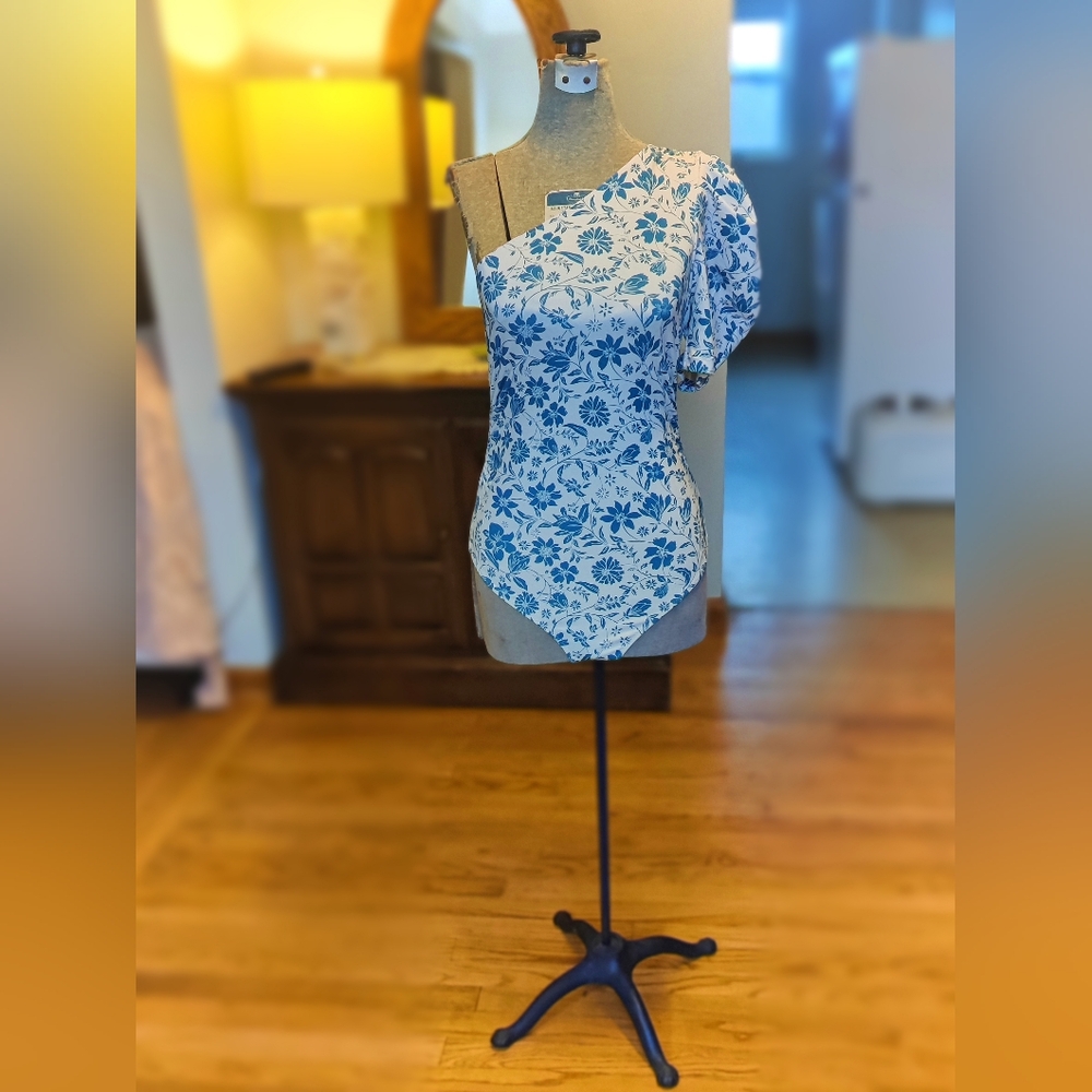 Free People Blue Floral One-Shoulder Bodysuit